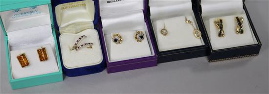 Five pairs of assorted gold and gem set earrings, to include four 9ct and one 10ct.